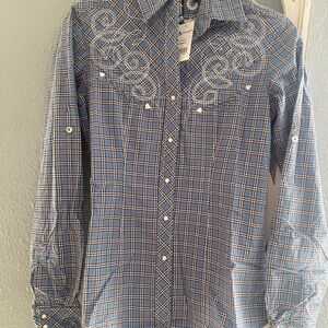 Stylish Blue Plaid Pearl Snap Buttons Shirt Rodeo Western Embroidered